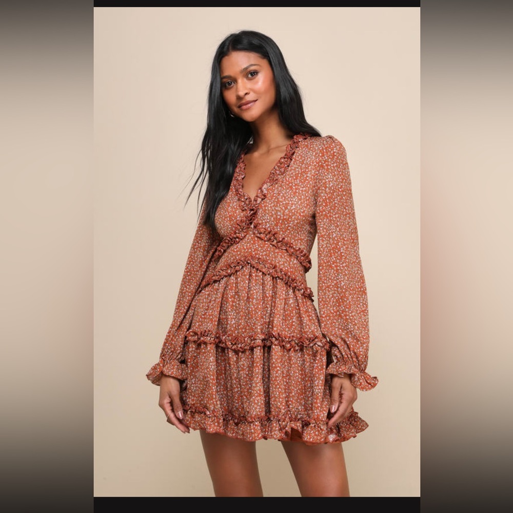 Lulus Admire You Orange Floral Print Ruffled Long Sleeve Mini Dress